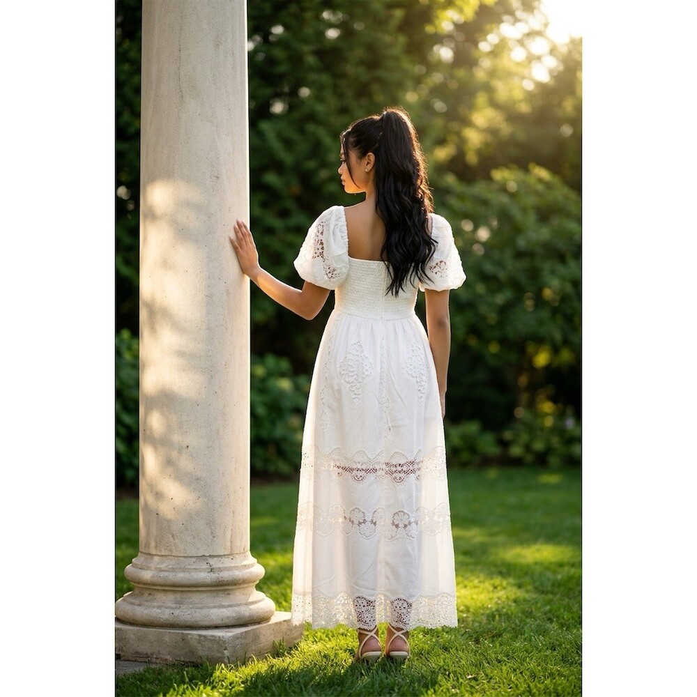 Just Me Maxi Dress Womens Size M White Lace Off Shoulder Puff Sleeve Long - Picture 2 of 7